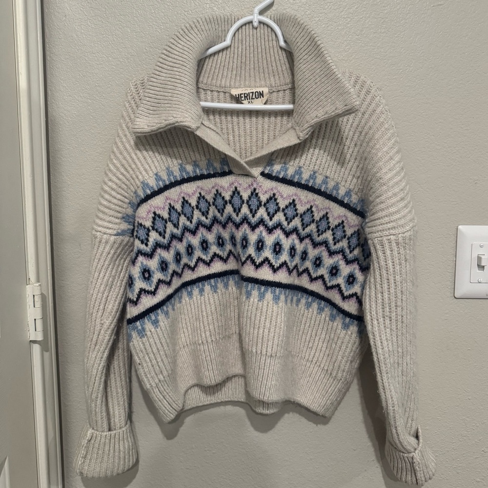 Anthropologie Cream, Lilac, and Blue Patterned Sweater